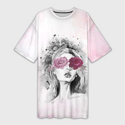 Женская длинная футболка Девушка цветы акварель
