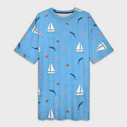 Женская длинная футболка Море, дельфины, парусник