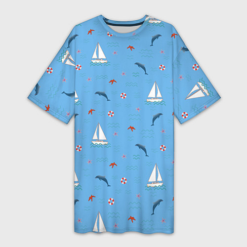 Женская длинная футболка Море, дельфины, парусник / 3D-принт – фото 1