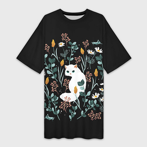 Женская длинная футболка Кошечка среди цветов / 3D-принт – фото 1