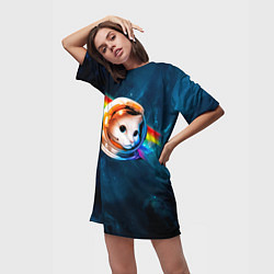 Футболка женская длинная Котик Космонавт, цвет: 3D-принт — фото 2