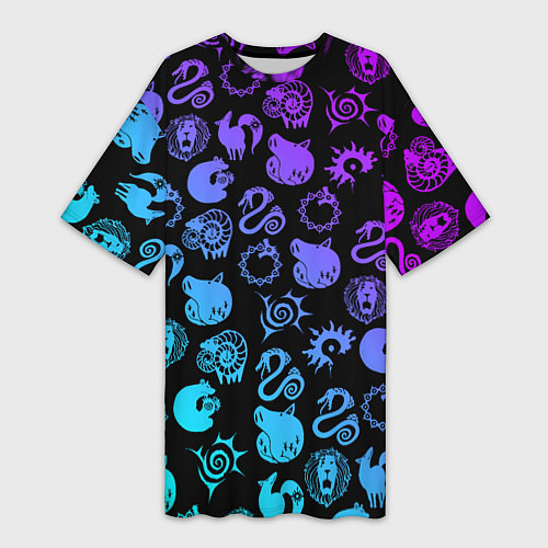 Женская длинная футболка 7 СМЕРТНЫХ ГРЕХОВ НЕОН ЭМБЛЕМЫ / 3D-принт – фото 1