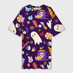 Футболка женская длинная HALLOWEEN BTS BT21 PATTERN БТ21 БТС ХЕЛЛОУИН, цвет: 3D-принт