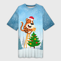 Женская длинная футболка Тигр украшает новогоднюю елку