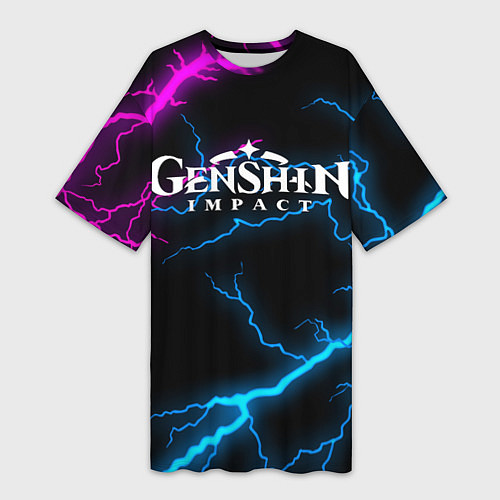 Женская длинная футболка GENSHIN IMPACT NEON FLASH НЕОНОВЫЕ РАЗРЯДЫ МОЛНИЙ / 3D-принт – фото 1