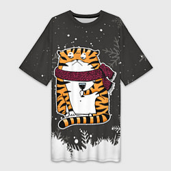 Женская длинная футболка Тигр с бокалом вина