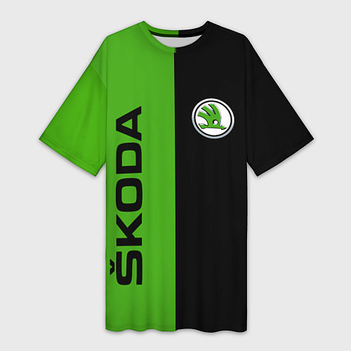 Женская длинная футболка SKODA черно-зеленый / 3D-принт – фото 1