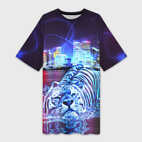 Женская длинная футболка Плывущий неоновый тигр / 3D-принт – фото 1
