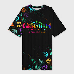 Футболка женская длинная GENSHIN IMPACT NEON LOGO RAINBOW STYLE, ЭМБЛЕМЫ, цвет: 3D-принт