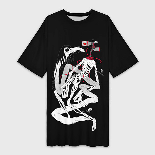 Женская длинная футболка СИРЕНОГОЛОВЫЙ И ЛОШАДЬ SIREN HEAD & HORSE / 3D-принт – фото 1