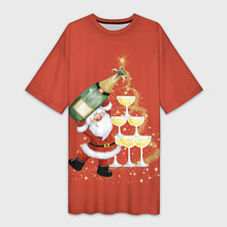 Футболка женская длинная Дед Мороз и шампанское, цвет: 3D-принт