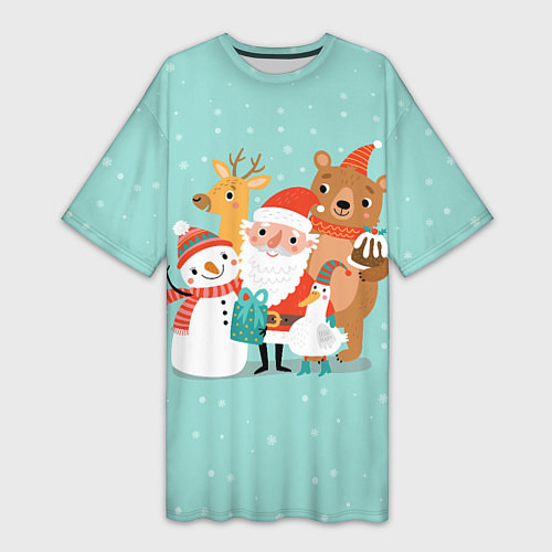 Женская длинная футболка Звери и Дед Мороз / 3D-принт – фото 1