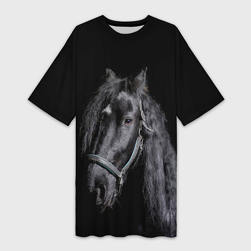 Женская длинная футболка Лошадь на черном фоне / 3D-принт – фото 1