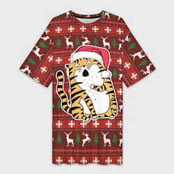 Женская длинная футболка Рождественский удивленный тигр