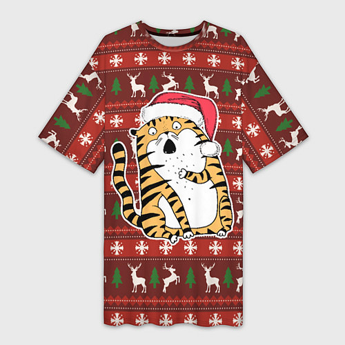 Женская длинная футболка Рождественский удивленный тигр / 3D-принт – фото 1