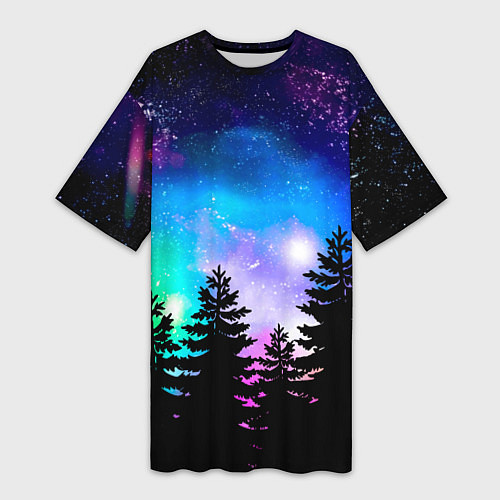 Женская длинная футболка Космический лес, елки и звезды / 3D-принт – фото 1