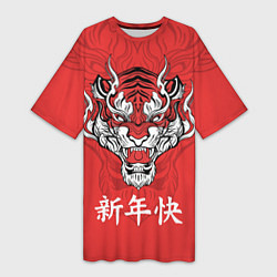 Женская длинная футболка Красный тигр - дракон