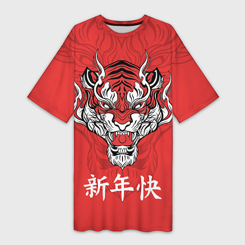 Женская длинная футболка Красный тигр - дракон / 3D-принт – фото 1