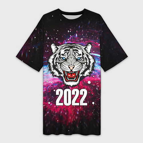 Женская длинная футболка ЧЁРНЫЙ ТИГР НОВЫЙ ГОД 2022 GRAY TIGER NEW YEAR / 3D-принт – фото 1