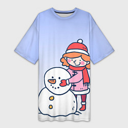 Женская длинная футболка Девочка лепит снеговика