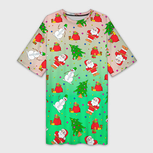 Женская длинная футболка Новогодний узор елка санта / 3D-принт – фото 1