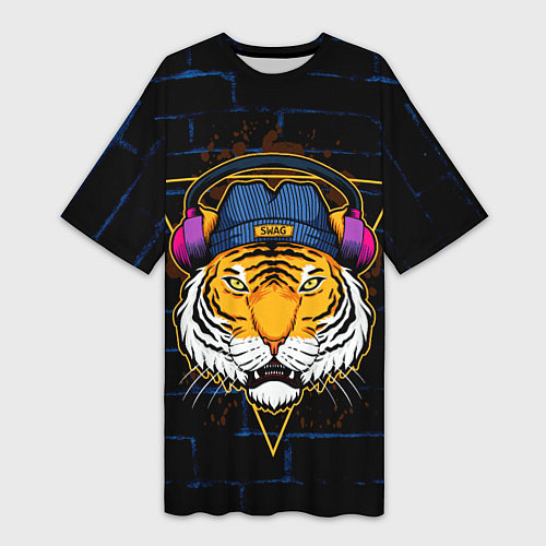 Женская длинная футболка Тигр в наушниках SWAG / 3D-принт – фото 1
