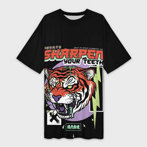 Женская длинная футболка Поточи зубки тигр 2022 / 3D-принт – фото 1