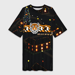 Женская длинная футболка Ночной новогодний город 2022 год тигра