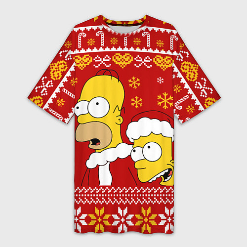 Женская длинная футболка Новогодний Гомер и Барт Симпсоны / 3D-принт – фото 1