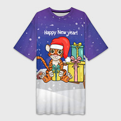 Женская длинная футболка Новый год 2022 - Тигр с подарками