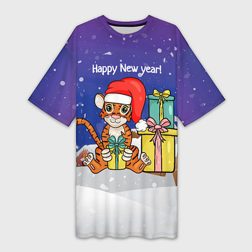 Женская длинная футболка Новый год 2022 - Тигр с подарками / 3D-принт – фото 1