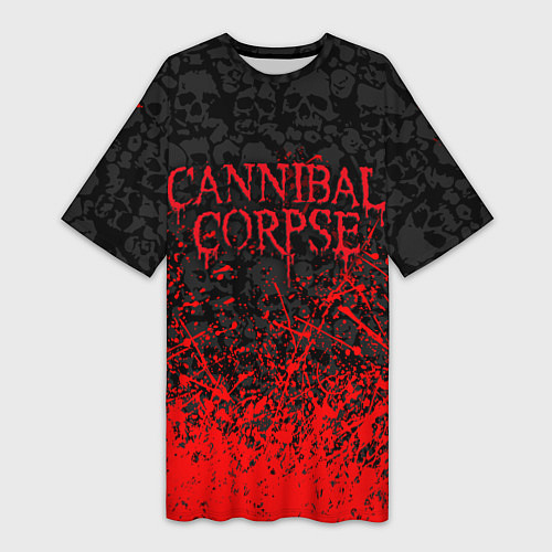 Женская длинная футболка CANNIBAL CORPSE, БРЫЗГИ КРАСОК ЧЕРЕПА / 3D-принт – фото 1