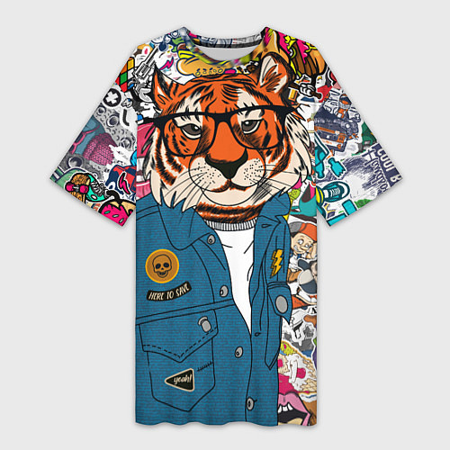 Женская длинная футболка Стикербомбинг с тигром / 3D-принт – фото 1