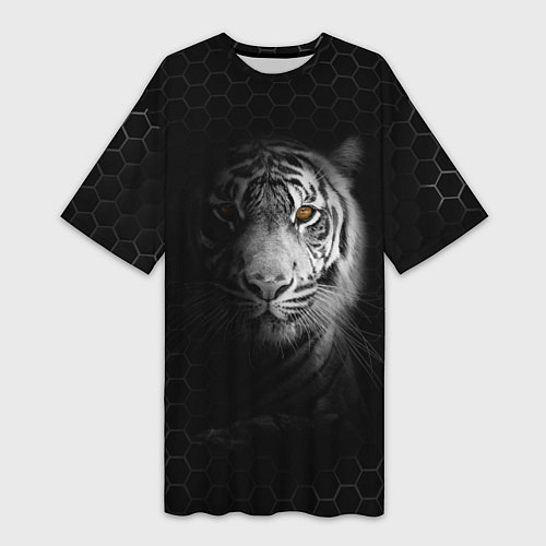 Женская длинная футболка Тигр черно-белый соты / 3D-принт – фото 1