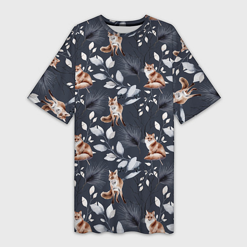 Женская длинная футболка Зимние лисички Акварельный рисунок узор / 3D-принт – фото 1