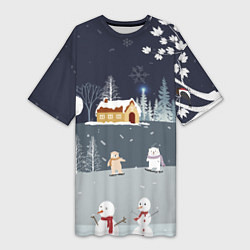 Женская длинная футболка Снеговики и Мишки 2022