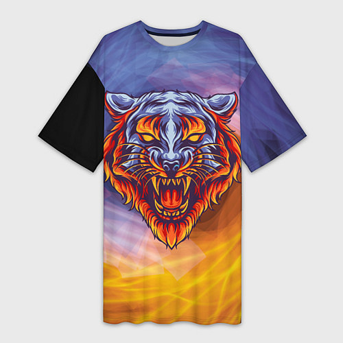 Женская длинная футболка Тигр в водно-огненной стихии / 3D-принт – фото 1