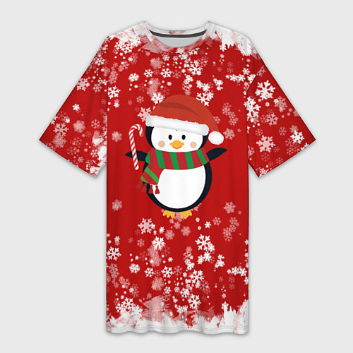 Женская длинная футболка Пингвин в новогодней шапочке / 3D-принт – фото 1