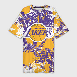 Женская длинная футболка LAKERS ФИРМЕННЫЕ ЦВЕТА БРЫЗГИ КРАСОК LA