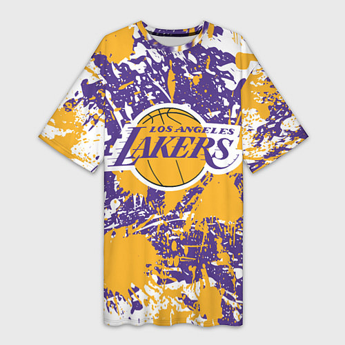 Женская длинная футболка LAKERS ФИРМЕННЫЕ ЦВЕТА БРЫЗГИ КРАСОК LA / 3D-принт – фото 1