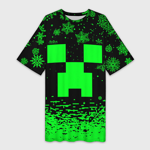 Женская длинная футболка НОВОГОДНИЙ КРИПЕР МАЙНКРАФТ ЗЕЛЁНЫЙ / 3D-принт – фото 1