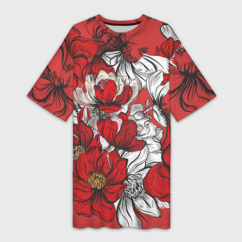 Женская длинная футболка Цветы на алом фоне / 3D-принт – фото 1