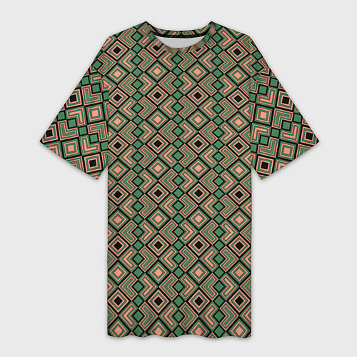 Женская длинная футболка Абстракция из черных, зеленых и бежевых квадратов / 3D-принт – фото 1