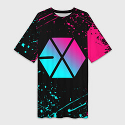 Женская длинная футболка EXO BAND NEON LOGO НЕОНОВЫЕ БРЫЗГИ КРАСОК