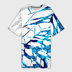 Женская длинная футболка 3D ВЗРЫВ ПЛИТ Белые и синие осколки