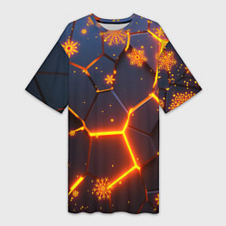 Женская длинная футболка НОВОГОДНИЕ ОГНЕННЫЕ 3D ПЛИТЫ FIRE NEON HEXAGON