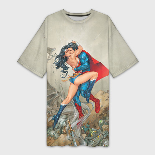 Женская длинная футболка The Kiss of Superman and Wonder Woman / 3D-принт – фото 1