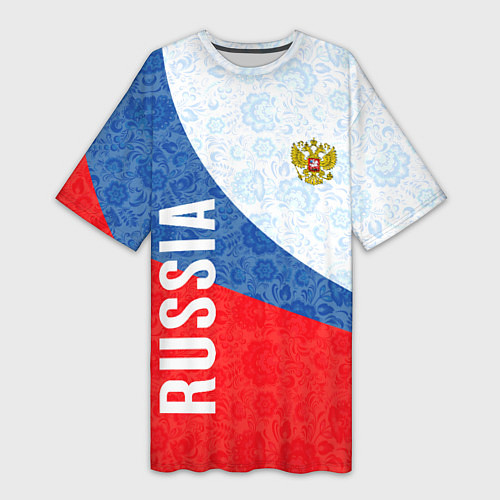 Женская длинная футболка RUSSIA SPORT STYLE РОССИЯ СПОРТИВНЫЙ СТИЛЬ / 3D-принт – фото 1