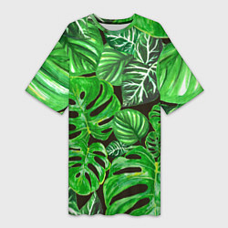 Женская длинная футболка Тропические листья на темном фоне