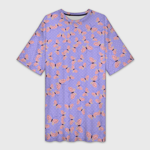 Женская длинная футболка Бабочки паттерн лиловый / 3D-принт – фото 1